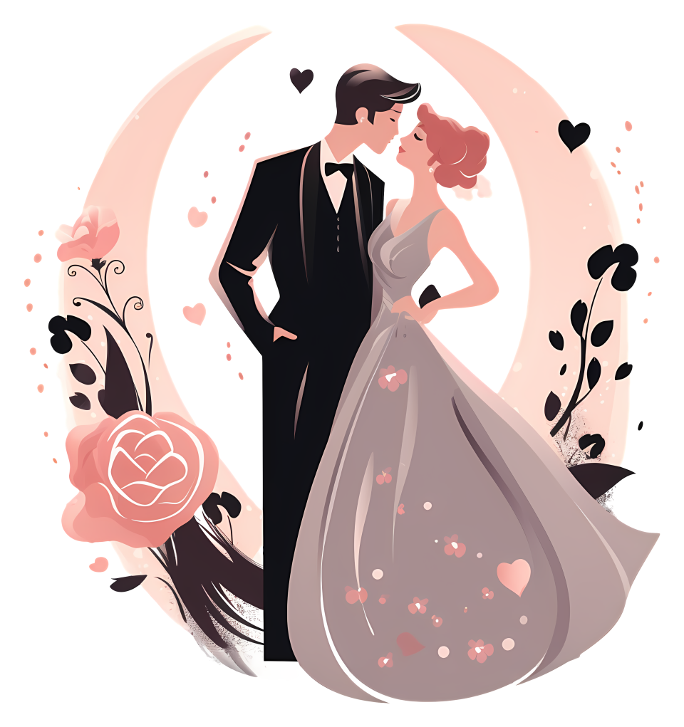 Transparent bride and groom wedding couple under moon with floral ...