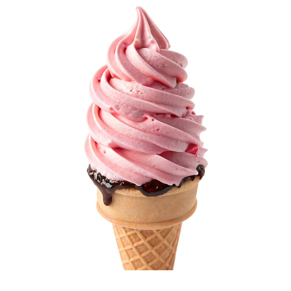 Pink Strawberry Soft Serve Ice Cream Cone with Chocolate Drizzle on ...
