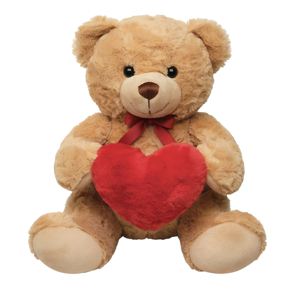 Classic Tan Teddy Bear Holding Red Plush Heart PNG Cutout for Gifts and ...