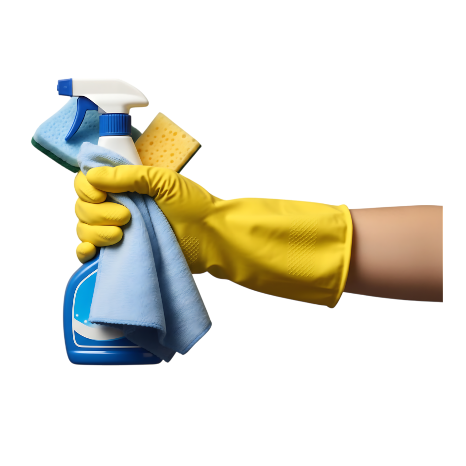 Hand in Yellow Rubber Glove Holding Spray Bottle and Sponges ...